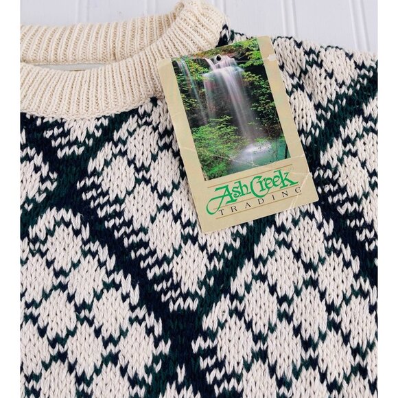 Ash Creek Trading XL Fair Isle Sweater 100% Cotton Ivory & Navy Diamond Pattern - Picture 3 of 5